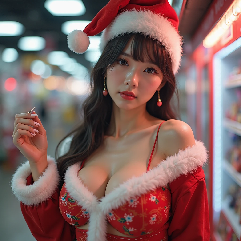 (((98 years old))),(A MILF:1.2), a captivating gaze,(((long old black hair))),Brown eyes, (((A lot of wrinkles on her face:1.4))), (((There are many wrinkles on her chest1.4))),(Old Woman), Detailed wrinkles (8K, High resolution,ultra-quality, An ultra-high picture quality,Ultrarealistic,Best Quality,masuter piece:1.2)(breasts are large,Large cleavage:1.1) ,((Old Woman in Japan)) ,eyes visible through hair, Proper eye position,Cinematic Light,Soft light,lower back,Night time,Soft moonlight,detailed color graded background,Convoluted, ighly detailed,8K,Overall silhouette,urban neon city,Looking down,Christmas、Christmas tree、(((Santa Claus Costume)))
