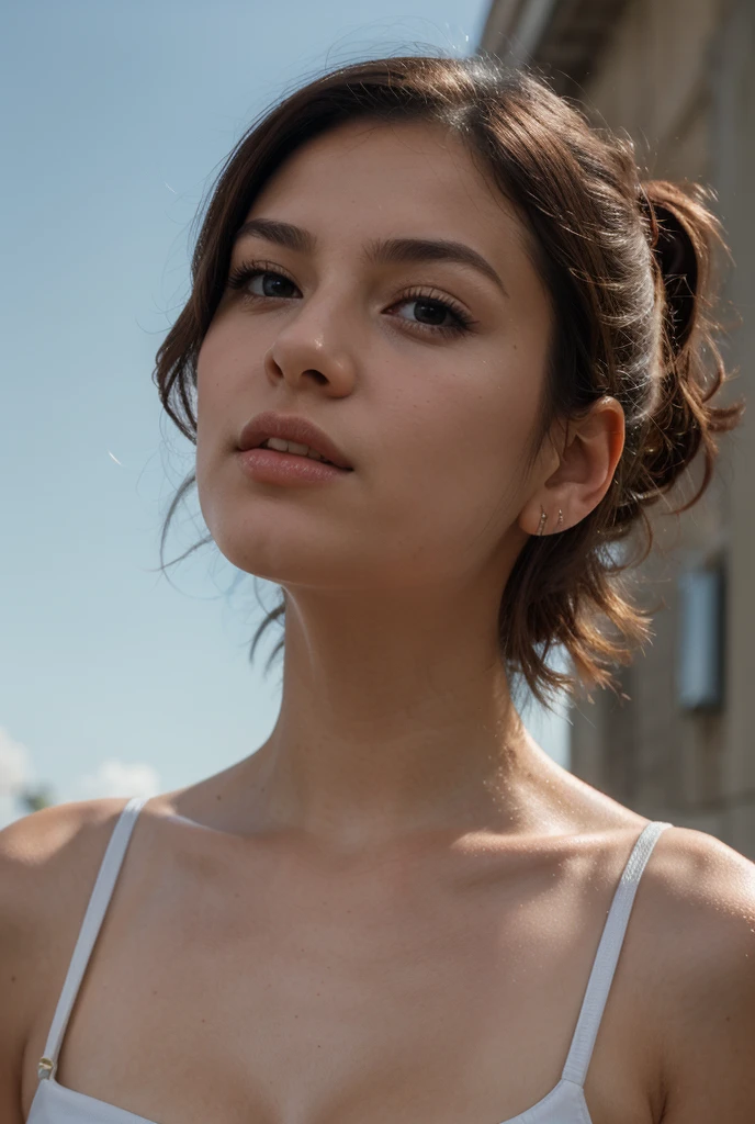 ((Highest quality, 8k, masterpiece: 1.3)), sharp: 1.2, Perfect Body Beauty: 1.6, ((Layered Hairstyles, Small breasts: 1.5)), (blue sky: 2.0), (White T-shirt: 2.0), (Small, tight-fitting T-shirts: 2.0), ((long hair: 2.0)), ((necklace)), Earrings, ring, Bracelet, Hair Accessories, ((Beautiful young teenager woman)), ((Straight nose)), (Eyeliner), Armpit Hair, Bristles, ((White and beautiful skin)), Wavy Hair, Beautiful attention to detail, Super detailed, Highly detailed face and skin texture, fine grain, double eyelid, Black Hair, Big Ass, Lower Body, Thighs, (((Skinny))), Wet and shiny lips, (smile: 0.5), Get a grip on your body, ((Anatomically correct human body)), ((Crisp body shape)), Ribs, clavicle, Protruding skeleton, A face without nasolabial folds, Shyness, Thin eyebrows, Big eyes, (shoot from side: 1.0), (Narrow shoulders: 2.0), (Serious face: 1.0), Corset-like dress, White skin, Closed Mouth, (In pants: 2.0)