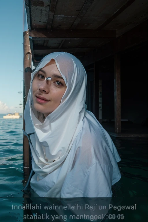 Strapless, ((SUNGLASSES))), (((Chubby:1.3))), ((HIJAB)), (Best Quality, hight resolution, Realistic:1.37), Detailed face and expression, The Frightened Woman, pixie cut, sickly, Worn-out appearance, Swamp environment, standingn, Seductively drowning in a swamp, Distressed flared satin, cloudy water, Sinking Feeling, gloomy atmosphere, Foggy surroundings, dark shadows, A Surreal Touch, soft-lighting, creepy ambiance, can't cope with shame