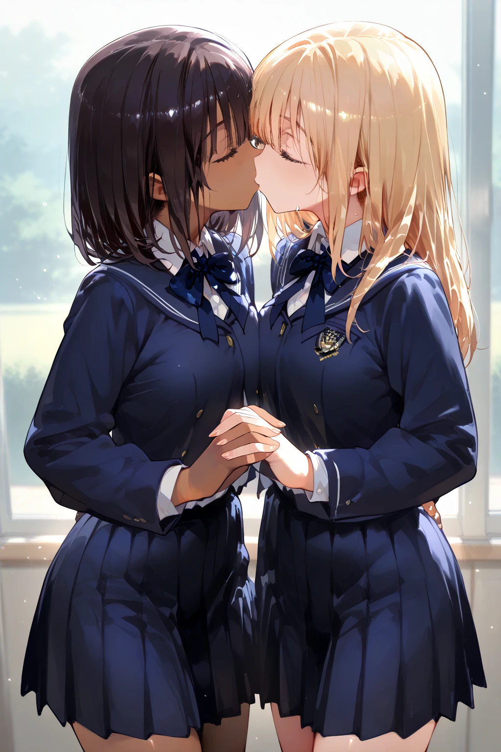 (Cute eyes:1.2), (classroom:1.2),(Beautiful Eyes:1.2), Highest quality,wonderful,finely,Highly detailed CG Unity 8K wallpapers, (Hug from behind:1.3),(kiss:1.3),(Two people with height difference:1.5), (Two Girls, Sailor suit, Skinny body, Dressed), (Huge breasts), (Open your mouth:1.1),(White knee socks:1.3),(Thighs:1.3),(Waistline:1.2),(お揃いのSailor suit:1.2),(From behind:1.2),(Beautiful Eyes:1.2),(Different hairstyles),(Their eyes are different colors:1.5),(Their skin colours are different:1.5),(Don&#39;t cross your arms:1.2),(Face close-up:1.3),(Tongue to tongue:1.5)