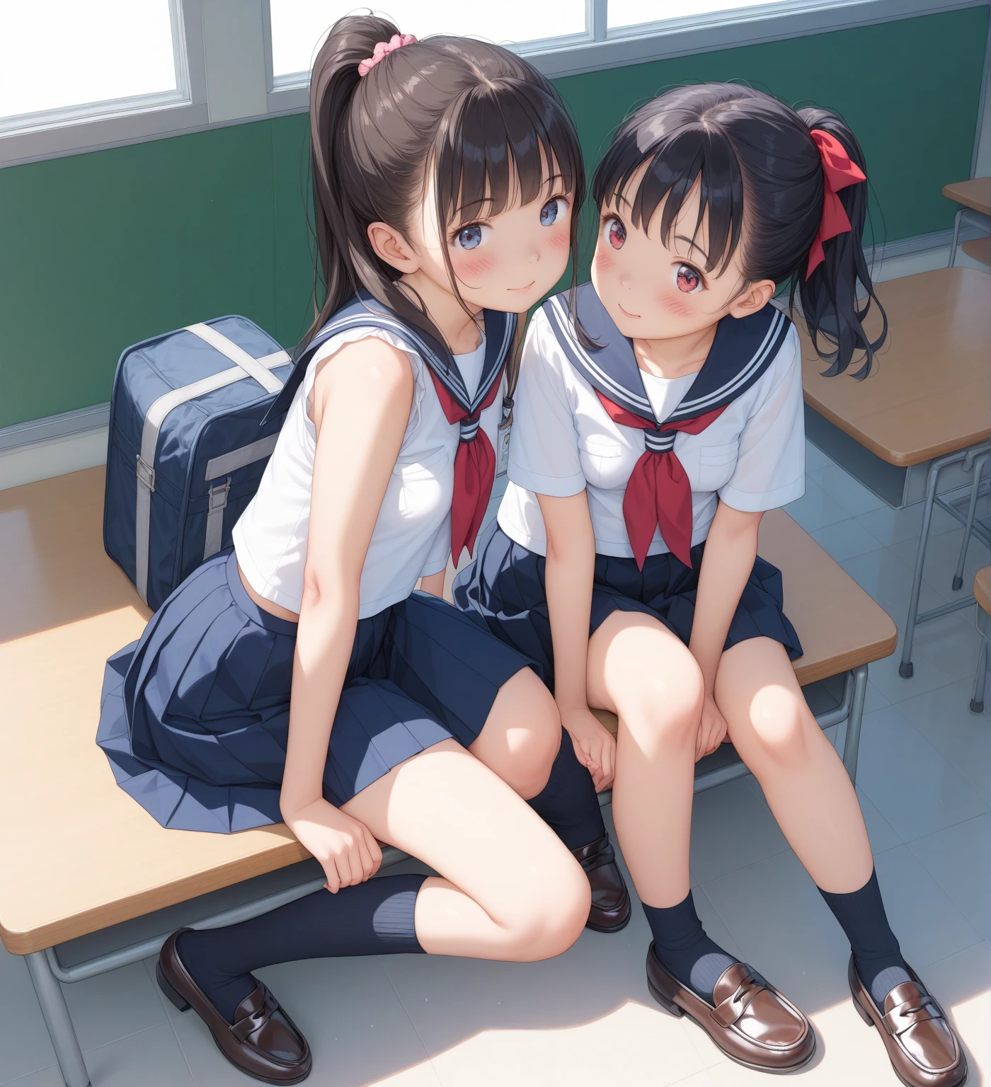 ((Highest quality)), ((masterpiece)), (detailed),Perfect Face,Strong light,With front light,Two fully nude teenage sisters with small breasts and tans sitting side by side with their legs spread apart, completely ????? in a school club room, with their arms behind their backs and legs spread apart, showing a close-up of their crotches to the camera.,