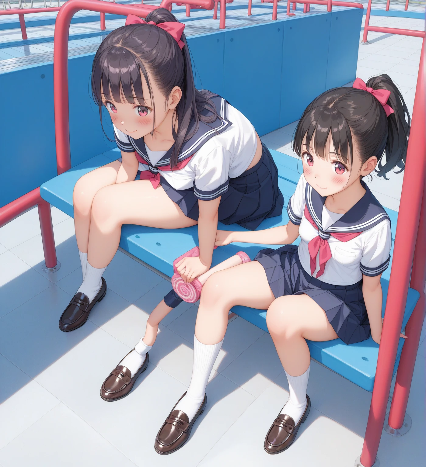 Highest quality, Ultra-high resolution, (Realistic: )2D official style cel animation,((２Girls sitting in a row))Primary school students、brown、ponytail、White Big Ribbon、Glasses、Blue Check Mini Skirt,Summer Shirts,Unbutton、(Lace panties),loose socks,sneakers,Full body portrait,(From below),Station stairs,sunny,Spread your legs、from the front、blush、