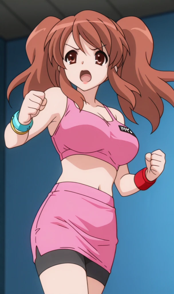 hands behind head, nice body, , anime style: 1.8, anime drawing, ultra detailed face, ultra detailed body, , 4k, Sumergai Lee Noriega, (standing), best quality, anime style, hires, highest definition, digital blending, bold drawing lines, ((slim waist, female wrestler), (location: wrestling arena, crowds watching), ( (fit), athletic , little biceps, thighs, off-shoulders, (curvy: 6.8), lighting, spot lights, very shiny skin), ((string bikini, shorts, groin, , white gloves, collar, belt)), victorious, winner, , (very big round breasts, smile, open mouth), (big eyes, brown eyes), (laughing), (brown hair, (long ponytail), curly hair, smile, hair, missy hair), 27 years old, (titling head)
