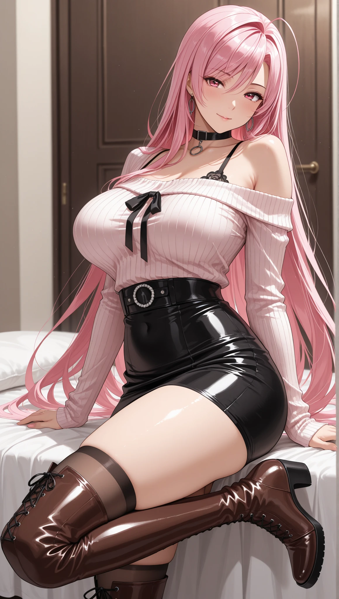 Big Breasts、Lace-up boots、Thin eyebrows、Beautiful eyes、whole body、squat、blush、high resolution、M-shaped legs、Beautiful woman、 high quality ,4K ,Scanline illumination, Volumetric Light、8K Ultra HD, Soft lighting, high quality, Film Gray、Spread your legs、Pink Hair、long hair、Race Queen、Leather mini skirt、Black underwear