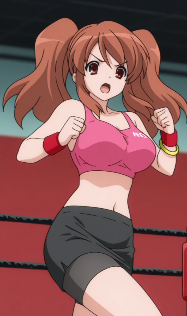 ((Best quality)), ((masterpiece)), ((anime style)), ultra detailed face, ((1 girl)), female wrestler, competition swimsuit, ((wrestling ring)), long hair, mature, milf, 30s, sweaty armpit, very sweaty, standing, victory pose, looking at viewer, highleg, smile, determined, victorious, 