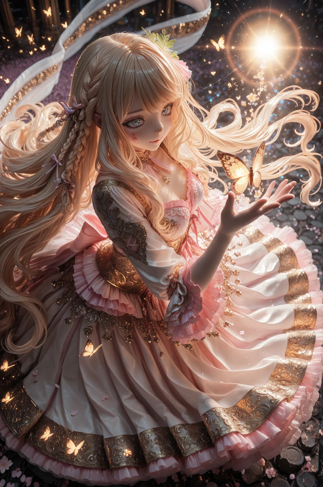 1girl, ((cinematic light)), colorful, hyper detail, dramatic light, intricate details, best quality, (extremely detailed CG unity 8k wallpaper, masterpiece, best quality, ultra-detailed, best shadow), (detailed background:1.4), (beautiful detailed face, beautiful detailed eyes), High contrast, (best illumination, an extremely delicate and beautiful),(girl:1.5), cowboy shot, masterpiece, (((best quality))) (((PERFECT QUALITY))), (((highly detail eyes))), (((highly detail))), (((((perfect eyes))))), (((((((beautiful eyes))))))), both eyes are the same, smooth, (((((perfect face))))), ((((extremely detailed 8K)))), high resolution, ultra quality, glare, Iridescent, Global illumination, real hair movement, realistic light, realistic shadow, perfect quality, detailed shadow and light, pixar, ((FANTASY)), ((MAGIC)), 3D, ((HIPER quality)), (((2K, 3K, 5K, 6K, 7K, 8K,))), ((detailed, good quality))
(((cute and delicate girl SITTING ON THE BRIDGE)))), ((light orange hair))), ((long hair)), ((kawaii)), ((((cute eyes)))) , ((kawaii eyes))
((((Princess)))), (((Princess crown))),
((((Long detailed glitter RAINBOW COLORFULL feather crystal princess dress)))), ((((((LONG BIG RAINBOW COLORFULL chic princess dress))))))
((shiny crystal shoes)), ((gold accessories, gold earrings, flower accessories, pearl accessories)),((happy expression)),
((SHINES, SPARKLES)), GOLD, ((sparkles)), ((shiny butterflies flying)), (feathers)
LAKE, BRIDGE, (((((CLOCK))))), MIRROR WATER, (((((FLOWERS IN THE LAKE))))), FOUNTAIN, (((LIGHTS SHINING IN THE LAKE))), BUSHES, NATURE
(((WOOD, BLUE CRYSTALS ON WOOD, PEARLS ON WOOD))), (((blue crystals))), ((((MAGIC LIBRARY)))), (((FOREST)))
(((((magical ancient place)))))