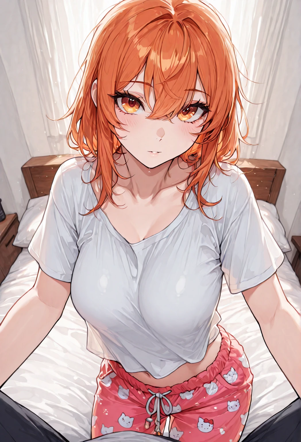 one girls、Blushing cheeks、gazing at viewer、A sheer white sailor suit that sticks to the chest、skirt by the、Girl in Japan uniform、Wet face,wetted skin、a wet body、wet costume、Wet hair、(((emphasizing breasts:1.3))),(Dynamic angles),(Dynamic and sexy poses),(bending forward:1.3),(((Dignified statue))),large full breasts,Disturbance of clothing due to movement,breast slip,one girls,hair pin,a necklace,piercings,from below looking up,with round face,pointed red mouth,Blushing cheeks,Staring at the viewer with an angry face,(Short hair in shiny silver and orange inner colors,Ponytail twisted buns adorned with elaborate braids and beads,Braided Setup Fishbone Hair,),(Bangs are see-through bangs),(Professional Lighting),(8K,masutepiece,top-quality,Ultra-high resolution output image,),(intricate detailes,),(Image Mode to Ultra HD),depth of fields,Beautiful hands,Beautiful fingers,Detailed finger features,(Detailed hair features:1.7),detailed facial features,detailed clothes features, Loosen your tie、Wet cute face、Bedroom、(Lie down on the bed:1.3)、(Lying on your back on the bed:1.3)、Dynamic and sexy poses、Angles that look super sexy、