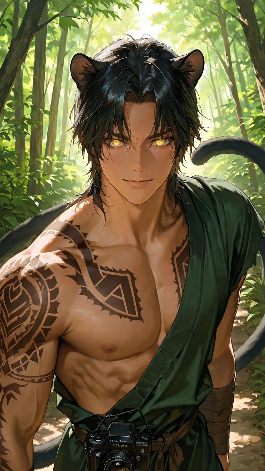1man, bishonen, adult, handsome, male, solo, sneaky, oni horns, snake tail, lamia, naga, loose hair, (long black hair), flowing hair, (yellow eyes), yokai, shirtless, waist-up, light skin, pale skin, sinister smirk, muscular, (sharp fangs), (tribal tattoo:1.0), (background in forest), cinematic angle, masterpiece, forest, leaves, lush, best quality, high resolution, ultra-detailed, handsome, mullet