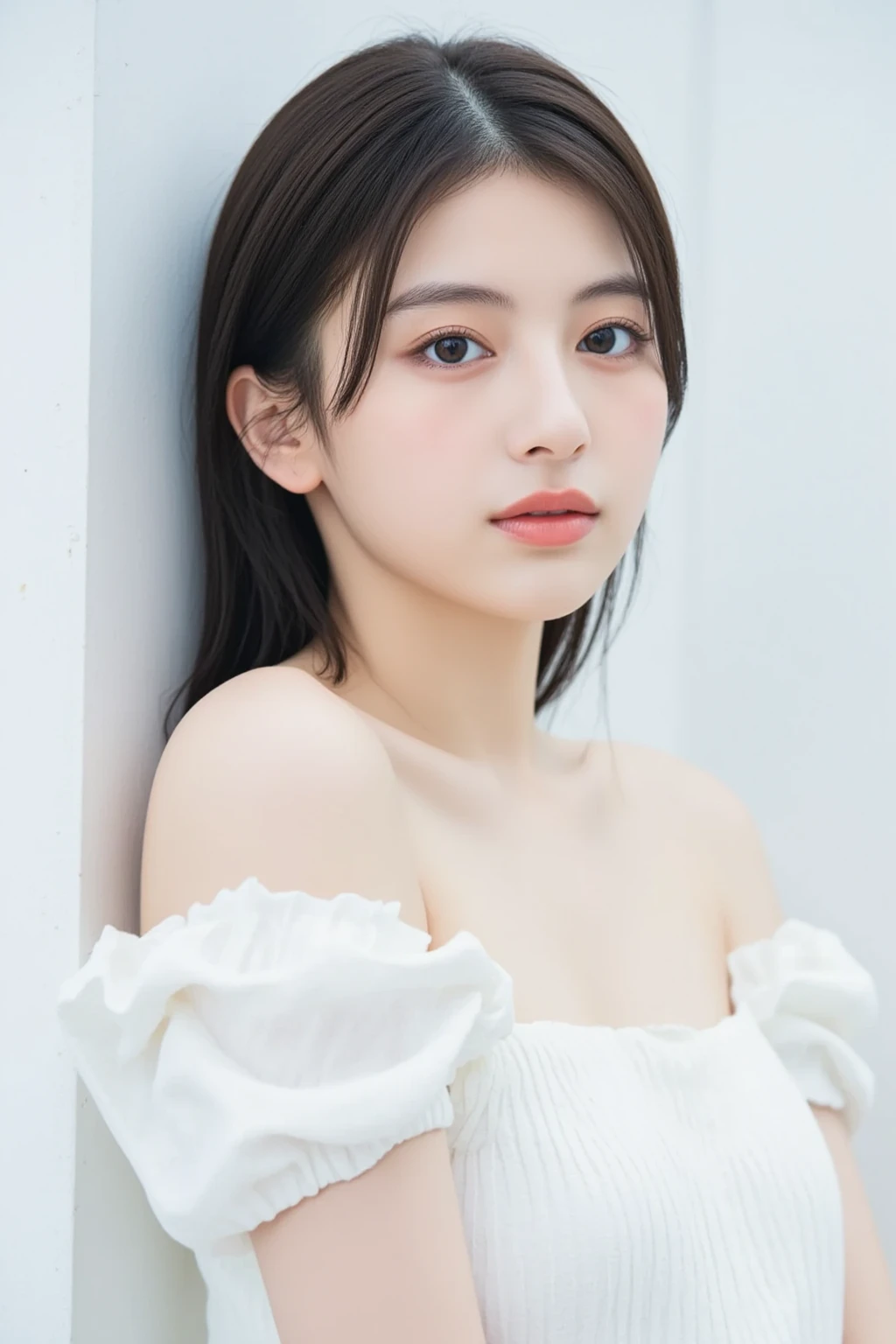 A young woman with long black hair and bangs, wearing a white off-shoulder top and a blue skirt. She is kneeling on a soft surface in a well-lit room with large windows in the background. The atmosphere is soft and warm, with pastel colors. She has a gentle and serene expression on her face. 