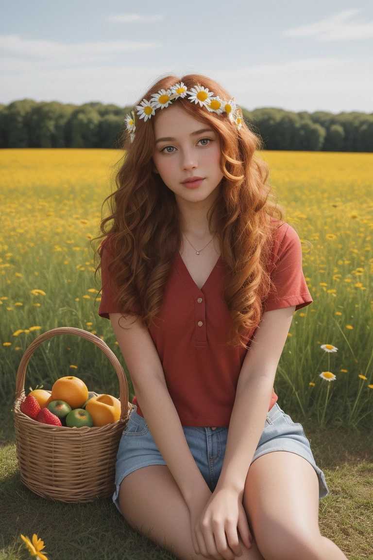 (girl:1.2),solo, (ginger curly long hair:1.1), brown eyes, wreath of daisies on her head, sitting in a field of daisies, smile, (fruit basket:1.1), blue shorts, red shirt,, RAW photo, full sharp, (FullHD epic wallpaper) 8k uhd, dslr, soft lighting, high quality, film grain, Fujifilm XT3