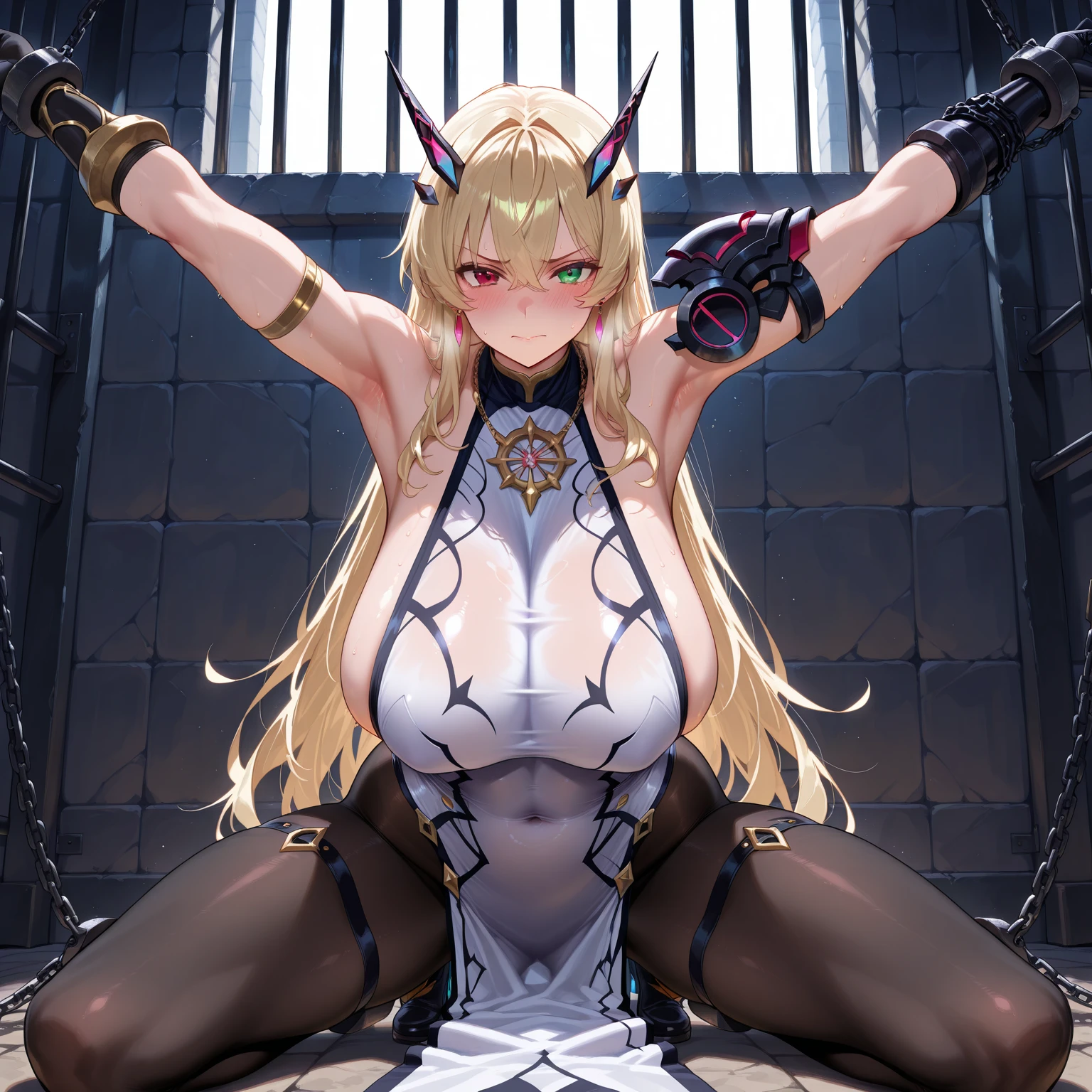 female,(aipha) , (((naked))), gigantic breasts, Erect nipples, gigantic ass, Sticking out tongue, (adult),Blonde,Ahegao
 ((White liquid dripping from the crotch)), Prison,My crotch is wet,Hands are chained((  Spread your legs, White of the eyes )) (masterpiece:1.2), High resolution, Highest quality, 8K,Landscape, Leaning against a wall