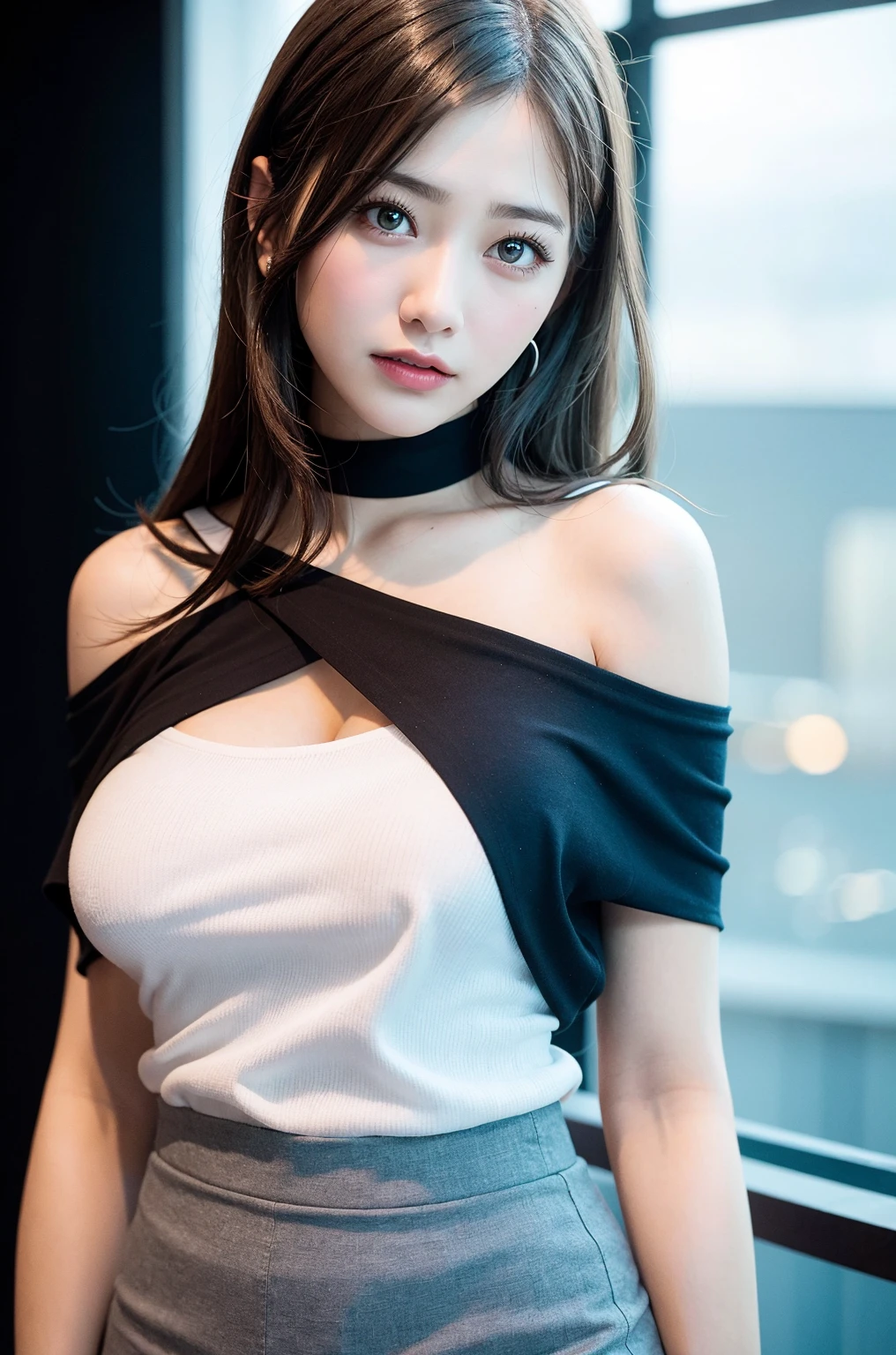 best quality, ultra high res, (photorealistic:1.4), 1girl, off-shoulder white shirt, black tight skirt, black choker, (faded ash gray hair:1), (huge breasts:1.2), looking at viewer, closeup ,