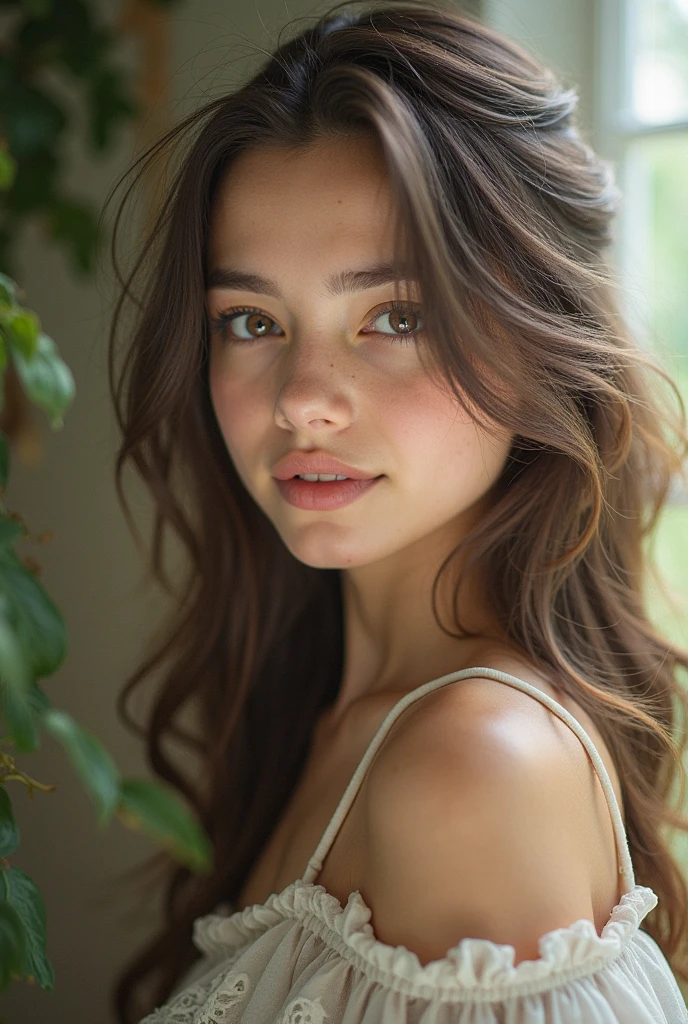 1 girl, 19 years, alone, aesthetic art, wavy brown hair, shoulder length brown hair, grey eyes, light grey eyes, light brown skin, big breasts, hefty body, (textured skin, skin pores: 1.1 ), (mole: 0.8), imperfect skin, Goosebumps, (Extremely detailed 8K wallpaper), soft lighting, high quality, cinematic grain, sharp focus Fujifilm XT3, f5to.6, 50mm, very high details, sharp focus , (natural light), in a white dress. A white sun dress, floral print sundress, crazy details, intricate details, hyper detailed