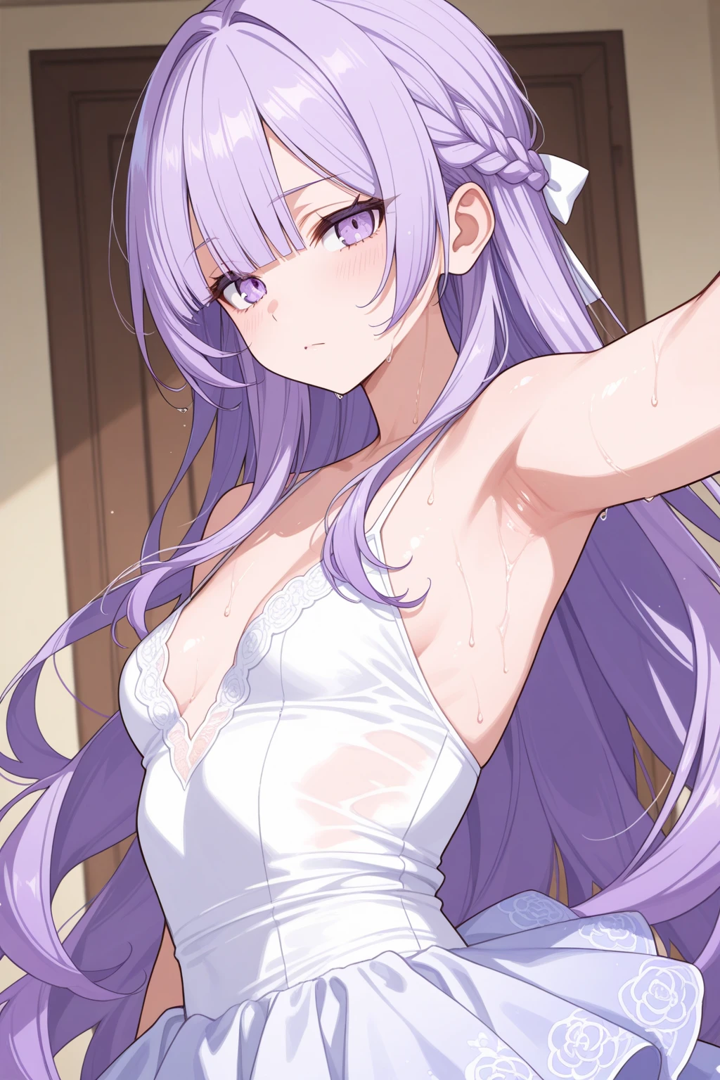 masterpiece, best quality, (finely detailed:1.1), high resolution, extremely delicate and beautiful, 1 girl, white color long hair, purple color eyes, blush face, (backless strapless low-cut white dress:1.2), side slit, huge breasts, (slender body), back view, back to viewer, stand on stone building street, upper body.