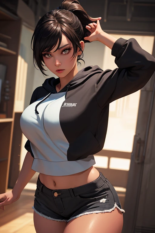 long straight dark brown haired gamer girl leaning into the camera, photo from front above, dark red hoodie, straight hair, large leather gamer headphones, medium breasts, skintight black top:1.2, cleavage, purple bra:1.2, looking at viewer, soft colors, cinematic lighting, perfect ???????:1.2, round breasts:1.2, well-organized, neat:1.2, perfect proportions,
