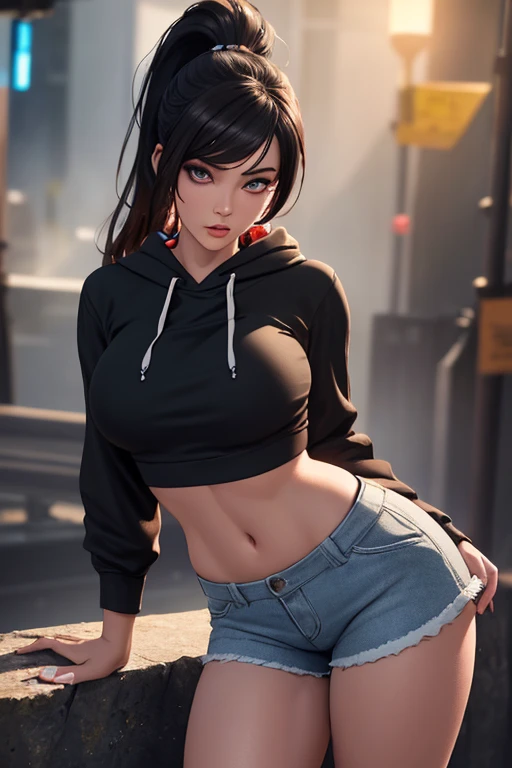 1 girl, beautiful Korean woman, (Bob's cute flowing hair), (in a cropped hoodie, capri sweatpants: 1. 5), (hands in pockets: 1. 5), (red lips: 1. 3), (small breasts: 1. 3), (toned belly: 1. 3), (eyelashes: 1. 2), (aegyo sal: 1. 2), beautiful detailed eyes, symmetrical eyes, (detailed face), immersive background, voluminous haze, global illumination, soft lighting,   (loose hair), (bright smile), natural light, (realistic: 1.5), RAW photo,detailed fingers,beautiful hands,(realistic: 1.4), (4k, digital art, masterpiece), digital painting with high detail, realism, (high quality), (soft shadows), (best character image), ultra-high resolution, highly detailed digital graphics, physical rendering, realism with an artistic touch, vivid colors, f2.2 lens, soft palette, natural beauty.