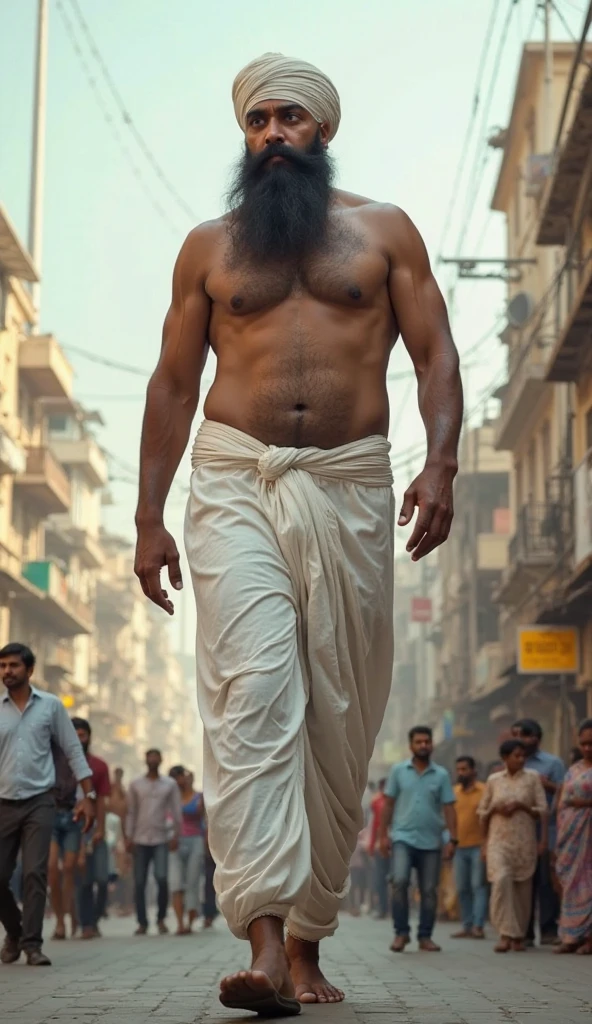 Musculer man,Black short beard,wearing wite Kurta pejama,Wite turban hat,Hairy show Chest, Doing muslim greating pose, Attractive Eye Contact, Standing pose,in public indias Road in sunny day