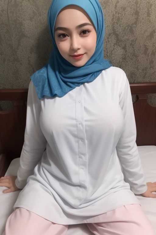 A hijab woman lies on a hospital room,Looks weak。On the table next to the hospital bed was a letter and a credit card, showing super big breast,(P cup),long hijab,sexy body,breast looming out clothes, transparent dress , gently smiling