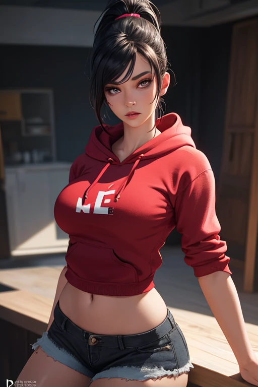 (masterpiece, best quality, absurdres, beautiful, sharp, detailed), 1girl, solo, 
mature female, brown eyes, brown hair, jewelry, thick lips, lipstick, makeup, hair bun, 
curvy, thick thighs, narrow waist, wide hips, breast, soft, squishy,
(movie composition), amazing composition, depth of field, indirect lighting, ambient lighting, backlighting, 
cropped black hoodie, crop top overhang, red leggings, footwear, spiked collar, spiked bracelet
indoors, couch, television, table, string lights, curtains, 
smirk, cocked eyebrow, sitting,