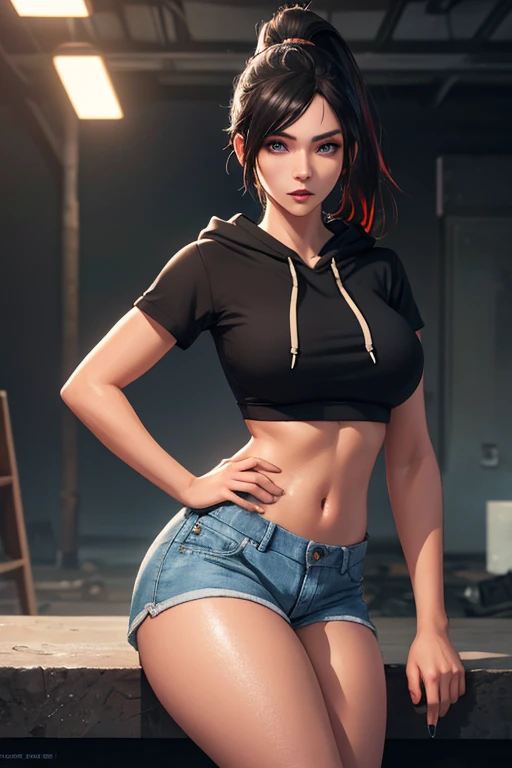 (ultra realistic,32K,raw photo:1.1),(very detailed skin:1.1), 8k hd, DSLR, high quality, film grain, (bright and shiny translucent clothing:1.1), 1 girl,Brown hair, by the wide, Horse tail (green eyes:0.9), Pink shirt, denim shorts, medium chest , (Upper part of the body:1.2),
 (busty:1.1) ,  (chubby:0.1),(volumetric lighting:1.2), dark theme blank background