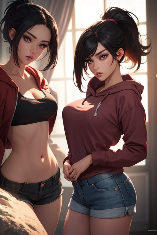 One beautiful adult woman、25 years old、Japanese,perfect face, beautiful and symmetrical face:1.2、beautiful face:1.2、beautiful eyes:1.2、dark brown hair,short cut hair,brown eyes,shy look、(smaller head:1.3、ideal ratio body proportions、skinny,slender body:1.2,medium breasts),sweat,sitting,Spread legs M type,casual fashion、black hoodie、crop top、Ripped micro shorts made of denim fabric、Simple bed、simple bedroom、at night、indirect lighting、(nsfw),
