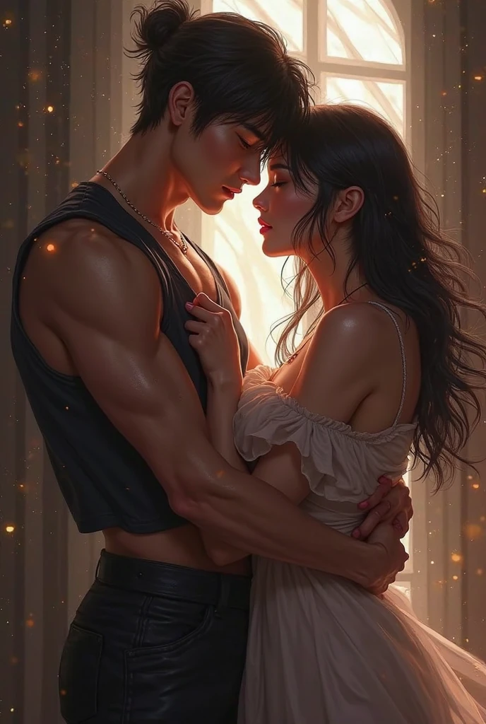 a cute boy with black hair shorth wear a sexy dress in front of his boyfriend 