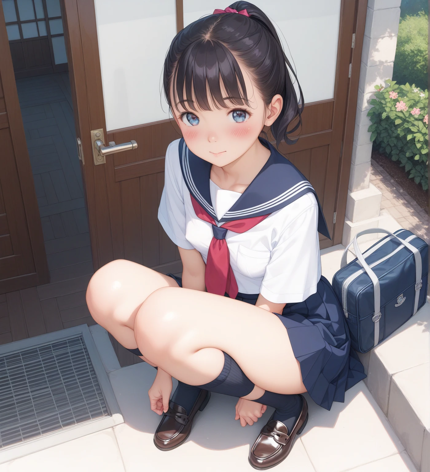(​masterpiece)、(top-quality: 1.4)、absurderes、[:intricate-detail: 0.2]、１girl with、Happiness、Bursting smile、17 years old、a beauty girl、japanes、high-school uniform、Baseball Cap、bob cuts、School Ties、White blouse with short sleeves、Checked pleated skirt、White ankle socks、lowfers、baseball field、Black tabby glasses、Open a notebook