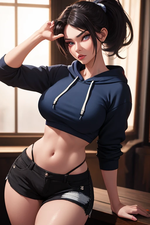 ((masterpiece, extremly detailed, best quality, beautiful and aesthetic:1.2)), (25 years old female model, perfect face, black hair, messy hair, pretty, (bright blue eyes:1.2), pale, ((huge breasts, slim waist, wide hips))), detailed clothes, beautiful detailed eyes, detailed face, dark hoodie, blue sexy lace bra, high heels, shy, alone, looking at viewer, (gamer room), curvy body, charming, stylish, lace panties, ultra-detailed, volumetric lighting, sharp