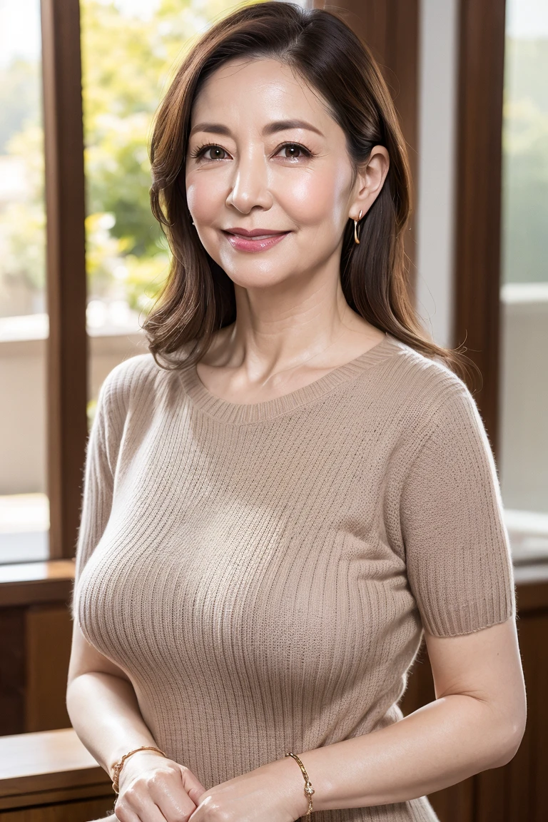 best quality, High resolution, Hires, skin definition, detailed skin, detailed eyes, detailed face, 4K, 日本人mature woman, ((solo)), (((70 years old))), (wrinkles at the corners of the eyes:1.5), (nasolabial folds:1.5), mature woman, sex appeal, sexy, fair skin, ((wavy long hair)), Looking at Viewer,(((Aging skin:1.5))), ((loose muscles:1.5)), (((Very large breasts:1.28))), (((Very large breasts:1.28))), ((loose breasts)), (flaccid butt), ((japanese model)), 4K, (photoReality:1.5), Reality, ticker, Beautiful, Bimbo, Perfect makeup, eye make up:1.5, small diamond necklace, earrings, ((one piece)), smile, Public place,full body photo,