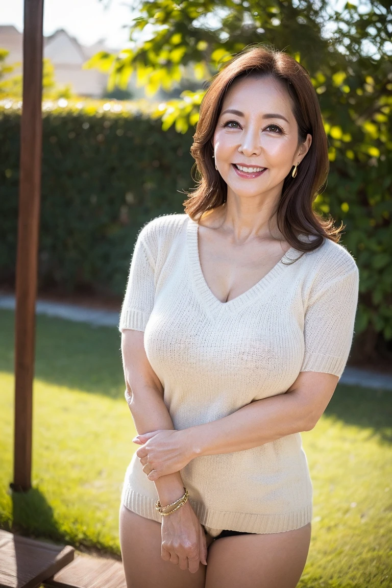 highest quality, masterpiece, High resolution, Realistic, RAW Photos, 8k wallpaper, perfection, ((One beautiful woman)), 60 years old, Sexy Woman, Plump Mature Woman, Cleavage, Wrinkles around the eyes, ((Looking into the camera)), Detailed face, Beautiful Eyes, ((look forward to)), (Stand upright), garden, whole body, (Beautiful thighs), High heels, bangs, Shapely breasts, Straight hair, Medium long wavy hair, Plump and glossy lips, 