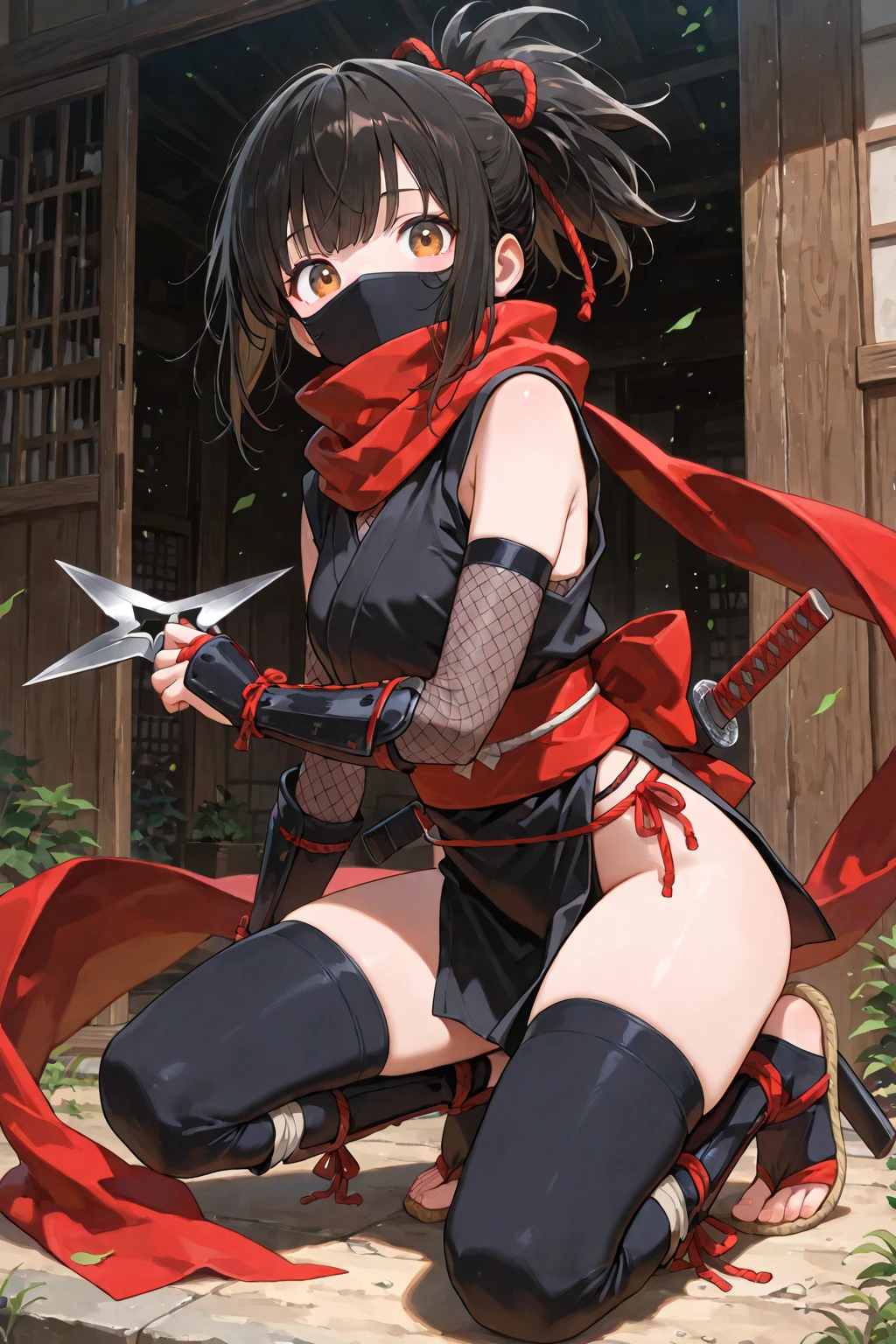wide shot, (solo, 1girl, Kunoichi \(monster girl encyclopedia\), japanese clothes, katana, kunai, leg wrap, monster girl, ninja, ninja mask, scarf, tabi:1.1), crossed ankles, stubborn, blush, looking at viewer, medium breasts, dark green hair, curly hair, surreal, fantasy, alpine mountain, floating city, dim light, <lora:hxD_style_v01:1>
