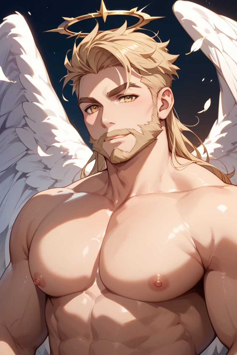 (masterpiece: 1.2), (very detailed: 1.2), (perfectly detailed), (very detailed and beautiful: 1.1) muscular male, angel male, dynamic pose, shaved temples, thick stubble, has thick stubble, body hair, action scene, detailed face, at full height, angel, Golden eyes, golden hair, golden beard, haven, Toga, Coming down from heaven