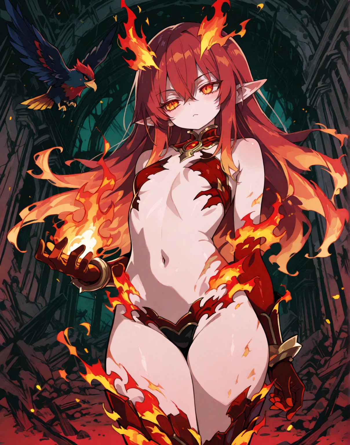 (Eldritch god), (Masterpiece), (1girl), Athletic figure, (Red skin), Athletic physique, Abs, Large breasts, Tall figure,
(Dark red Hair, Absurdly long hair, Spike Hair), (Fiery Eyes, Slith Eyes), ((Third eye on forehead)), ((Absurdly large horns, Antlers, Glowing horns)), (Glow:0.5), ((Glowing body markings, Demonic markings)), (Large sharp teeth, Fangs), (Open mouth, Tongue out), (Tendrils sprouting from the back), (Black Scales, Scales on flesh, Scales:0.5),
((Scarlet crown, Spiked crown, Gothic crown)), Detailed background, Chaotic Environment, ((Eldritch background))