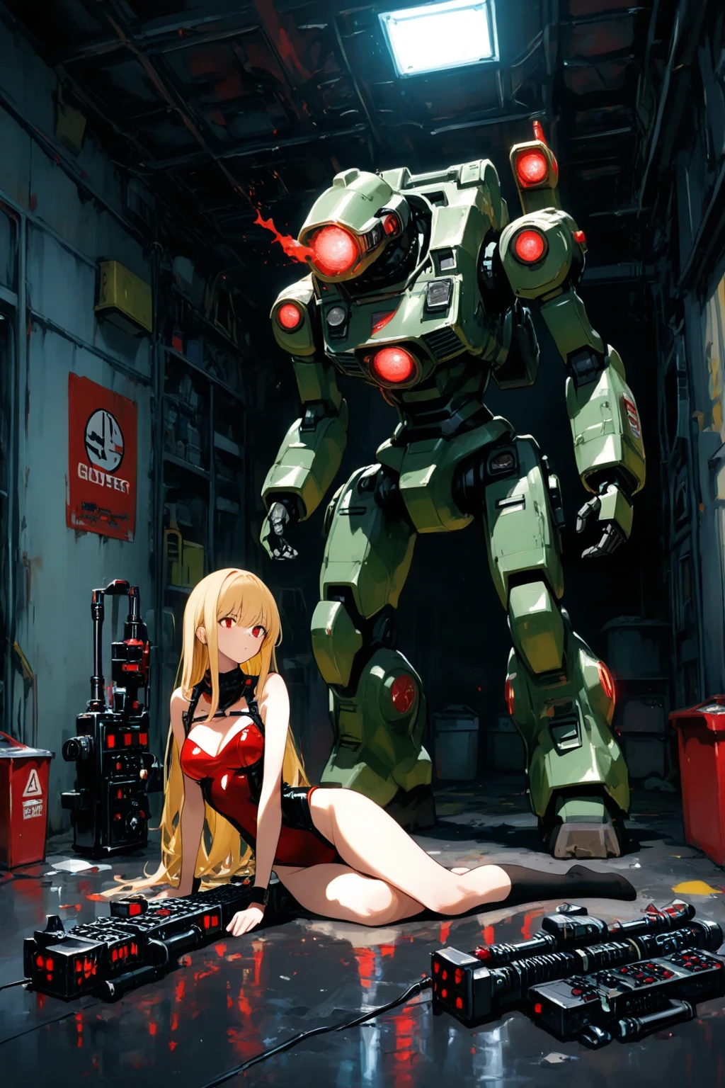 (Virgin desperately flees from rapist's metal-bodied female robot), (Cornered by a rapist's female metal robot), (She is captured by a female rapist's metal-bodied robot and is violently raped by its penis, climaxing and crying out.)