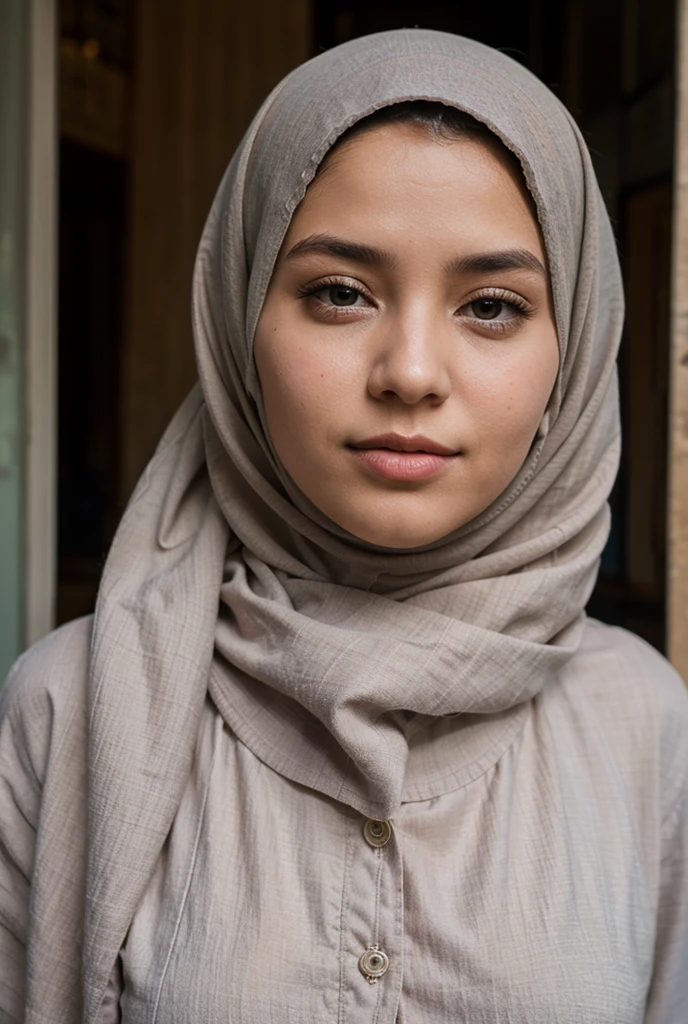 A young tanned brunette woman, de nationalité marocaine. She is a Muslim aged 26. Elle porte un hijab légitime et un long jilbab . Elle a des yeux de forme noisette et de colleurs marron foncé. Sa taille est de 158 cm et son poids est de 65 kg. Son nez est de forme button . She has a mole under her lips on the right and another above her lip on the left.