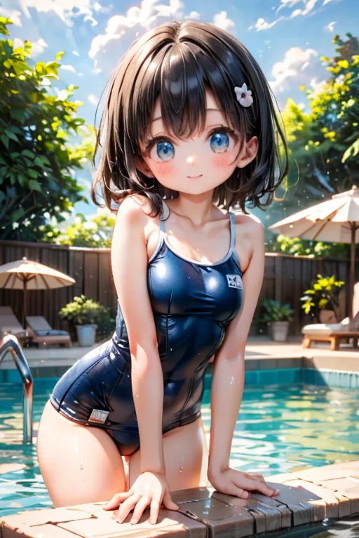((old school swimsuit:1.3、sit, spread legs:1.3, arms behind ))、12 yers old、absurderes、detailed hair、Flat Lighting、dramatic angle、sexy pose、best quality、intricate detailed、Hyperrealistic、perspective, highly detailed, detailed background, illustration、1 girl、solo、small breasts、light smile