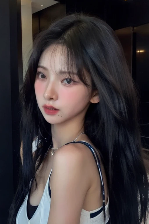 there is a woman with long hair and a white tank top, Jinyoung Canela, menina bonito-fino-cara, Ulzzang, menina coreana, young cute wan asian face, Jaeyeon Nam, linda mulher coreana jovem, Mulher sul-coreana bonita, mulher coreana jovem bonita, Heonhwa Choe, Lalisa Manobal, young adorable korean face, Beautiful Asian girl