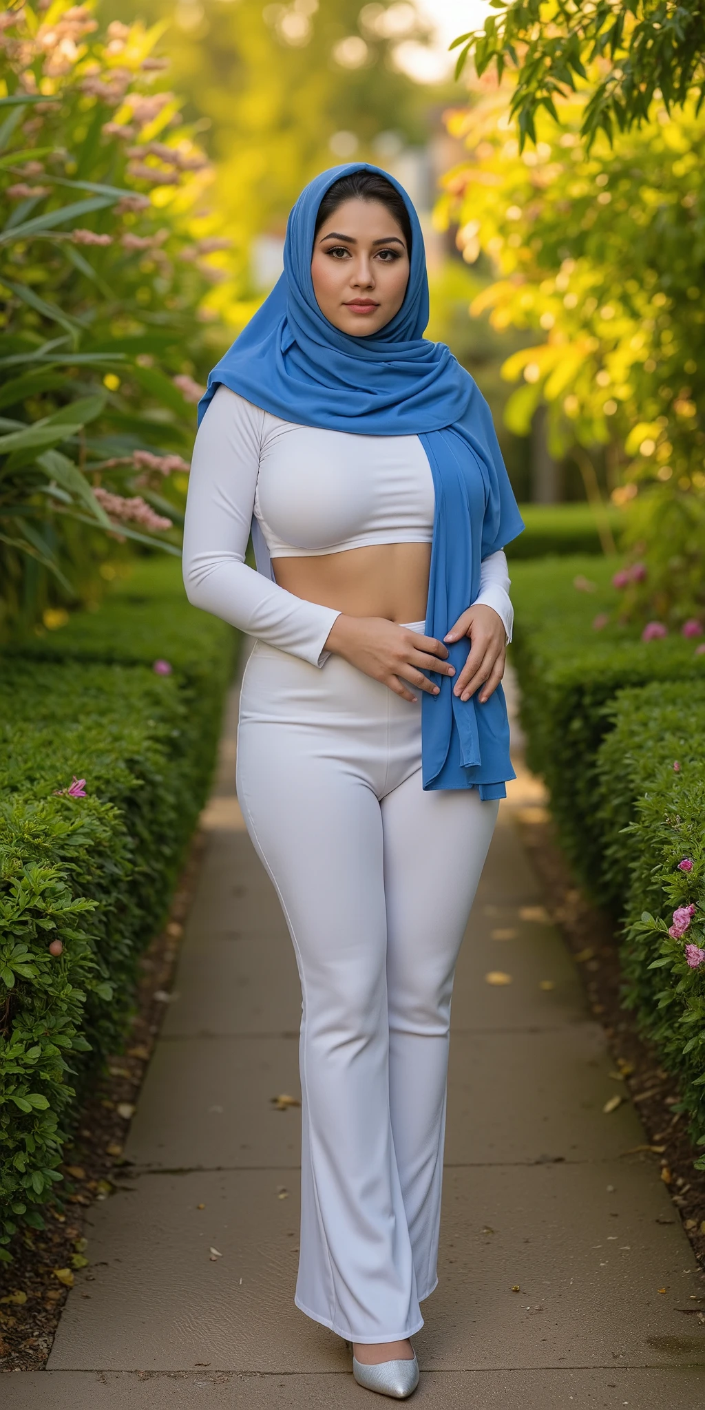 RAW, Best quality, high resolution, masterpiece: 1.3), beautiful Malay woman in hijab,Masterpiece, perfect slim fit body, (big breastig gorgeous eyes, Soft smile, wear a light blue very tight lace shirt & very tight transparent leggings, necklace, shairband, afternoon walk, City garden, Excellent lighting, Bright colors, Clean lines. ultra realistic,hyper realistic