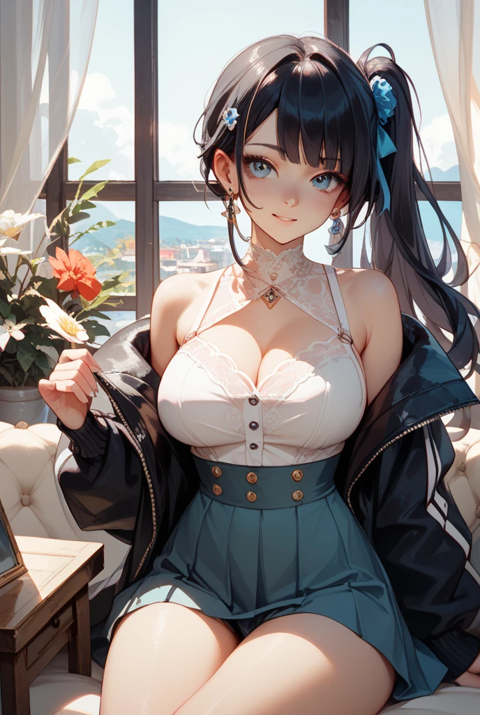 (Masterpiece: 1.2), Best Quality, (Illustration: 1.2), Eye Focus, (Ultra Detailed), Ultra Detail, (Fine Detail), (Intricate Detail), (Cinematic Light, Best Quality Backlight), Clear Lines, Solo Female, Solo Female, Perfect Figure, (1 Girl), High Contrast, (Best Lighting, Extremely Delicate and Beautiful), ((Cinematic Light)), Powerful, Absolutely Striking, Dynamic Angle, Gorgeous Background, cute Teeth, Open Mouth, mischievous smile, close-up, depth of field, close-up of a long-haired character. A cute tongue sticks out of the mouth, long hair, big breasts, short sleeves, dress, bare shoulders, braids, porcelain clothes