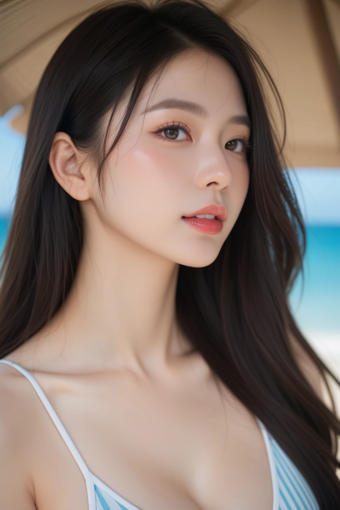 8k, RAW photo, best quality, (masterpiece:1.2), ultra detailed, ultra high res, (realistic, photo realistic:1.4), extremely detailed, 8k wallpaper, huge file size, extremely detailed beautiful girl, extremely detailed face, extremely detailed eyes, extremely detailed skin, extremely detailed fingers, extremely detailed nose, extremely detailed mouth, perfect anatomy, highly detailed background, extremely detailed clothing, micro bikini, posing for a photo, full body, wind,