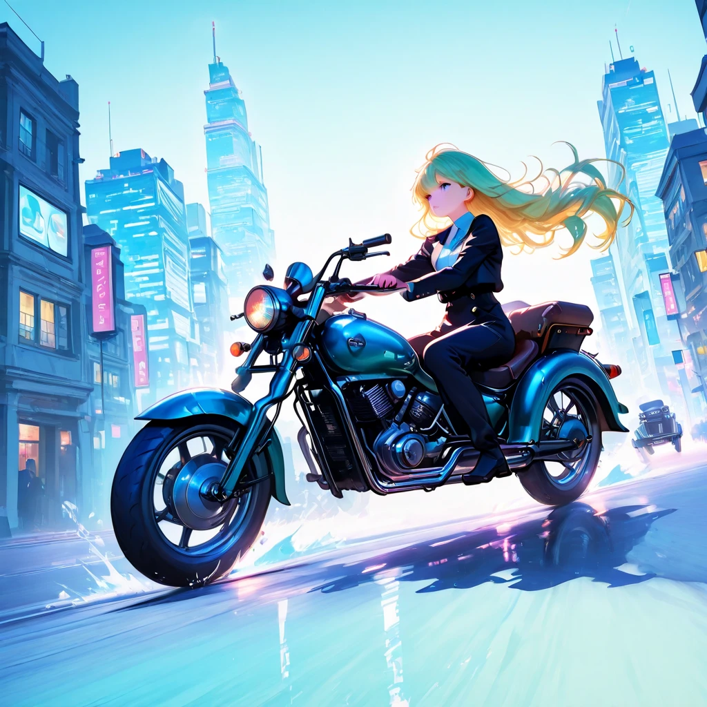 Woman riding cruiser motorcycle, black streetwear, medium , long golden hair, golden eyes, big smile, happy, motorcycle goggles, dirty, apocalypse, zombies, city, fire, highly detailed
