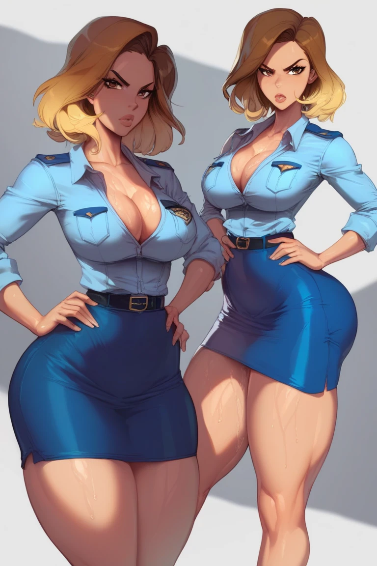 ((multiple medium thick body mature women age 35 American milf super model)) wearing blouse with skirt, smiling, nipples exposed, lineup greeting viewer, 2women, hands on hips, (((lift skirt show panties to viewer, 3outfits 3panels, show back view))), patio
