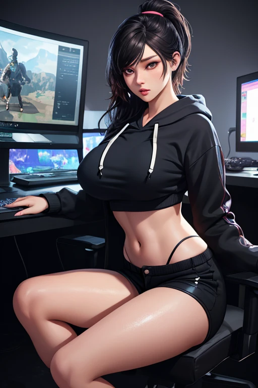 (masterpiece, extremely detailed, best quality, perfect face, (beautiful and aesthetic:1.2)), 25 years old beautiful brunette, gamer girl, bright blue eyes, denim shorts, sexy bra, blue open hoodie, black messy hair, wearing glasses, (((Embarrassed))), vivid detailed eyes, perfect teeth, ((big breasts, wide hips, slim waist)), tall body, computer pc, games, consoles, monitors, posters, charming, stylish, ultra-detailed, volumetric lighting, sharp