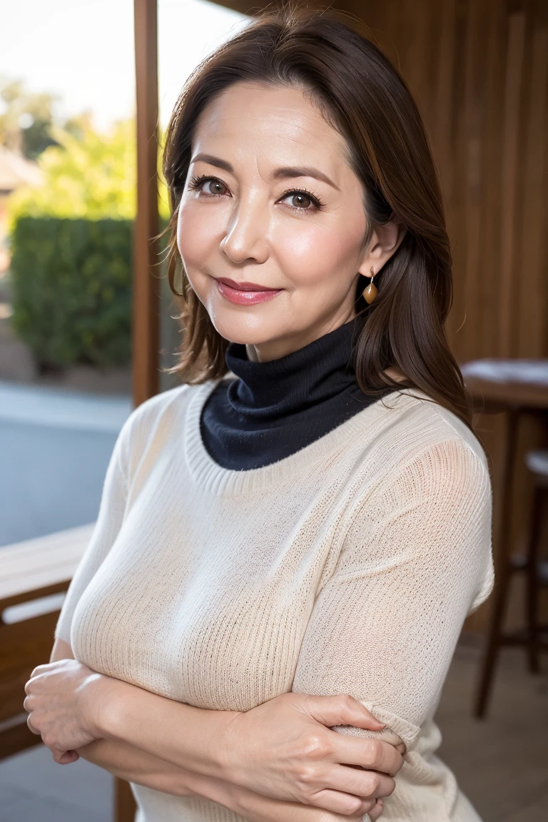 8k wallpaper, masterpiece, Highest quality, Very detailed, One Mature Woman, 50 years old, Become very clear, Wearing a short-sleeved knit, Skin dents, Captivating smile, Looking at the audience, No lapel microphone, Plump, Curvaceous, Attractive face, Smiling with teeth showing, I was happy, sitting in a cafe, Background Blur
