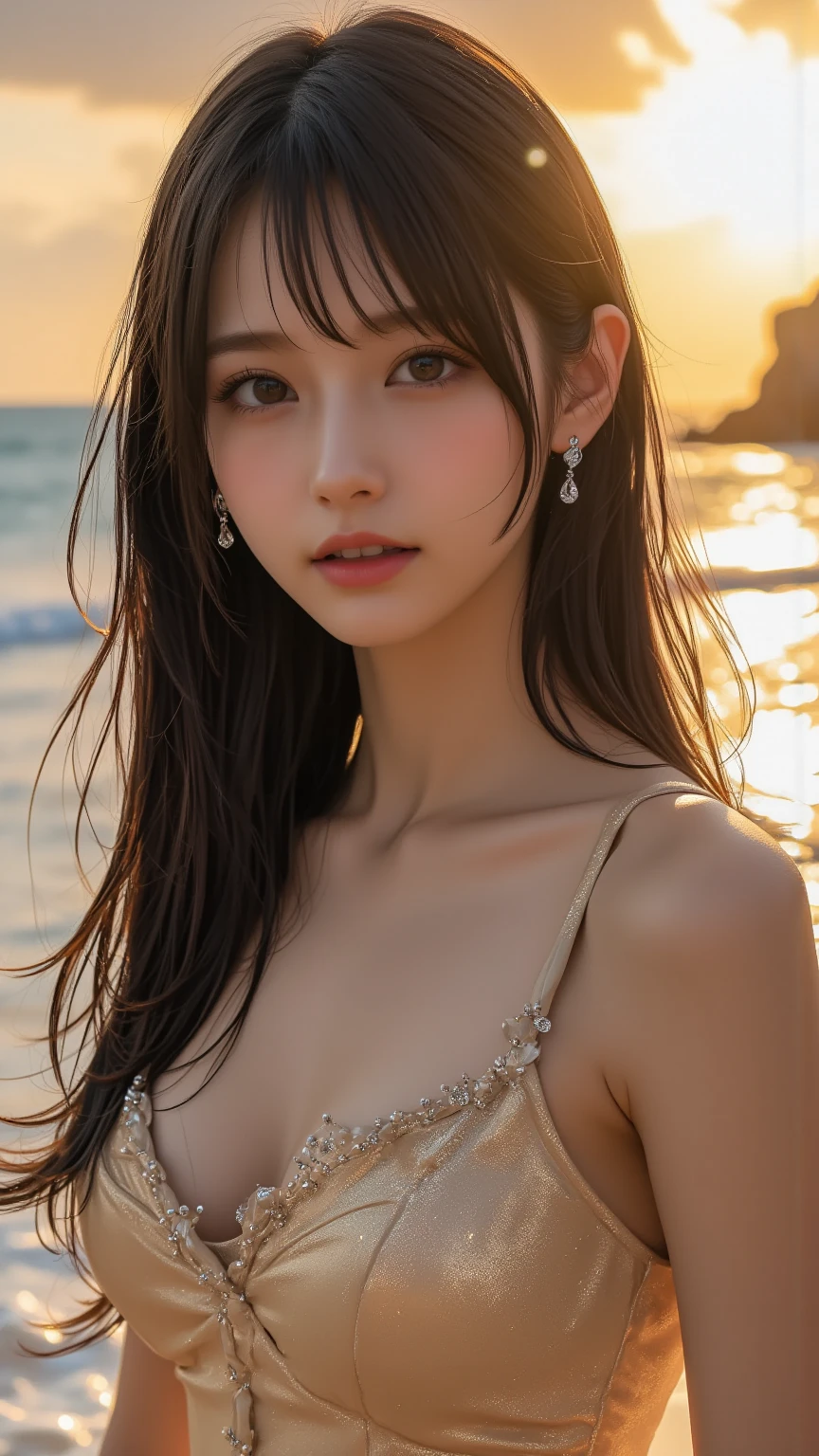 Masterpiece, 4K, bokeh, Photorealistic, high school girl sitting on the beach, (Japanese idle:1.6), Lightbrown long hair, Light brown eyes, Plump breast, Looking at the viewer, Blushed face, Close up, (Silver metallic dress), (Gemstones decoration:1.2, Colorful Gemstones:1.2), (Dress embellished, Sequins), sunset seashore, Beautiful sky and clouds,