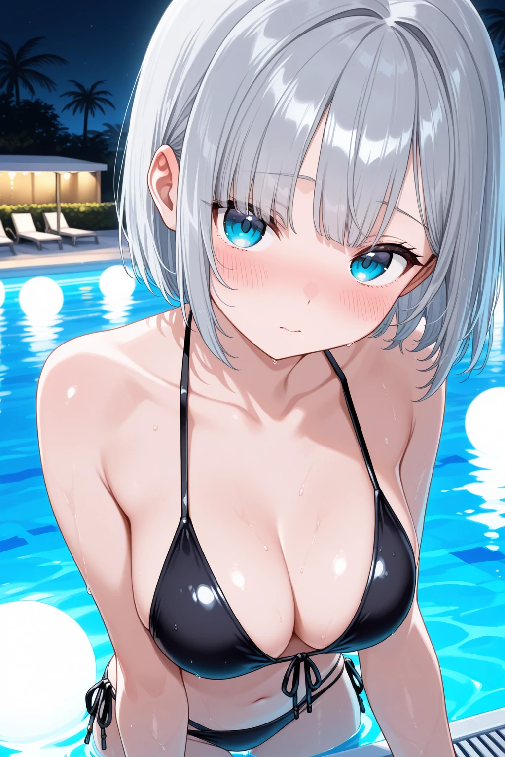 RAW Photos、Realistic、Ultra-realistic、Perfect Anatomy、Correct skeleton、小さいface、A few girls、 masterpiece、22 years old:1.37、 8K, Very detailed, 、Very detailedな_face_eye、(Moderate breasts:1.34)、cute、Short Bob、Gray eyes、Beautiful proportions、Random color bikini、 細部まで美しいface、Highly realistic photos、((Night Pool、Pool Party、The water surface is illuminated by the lights underneath the pool.、Elaborate lighting、))、Cowboy Shot、Highest quality、Ultra-high resolution、