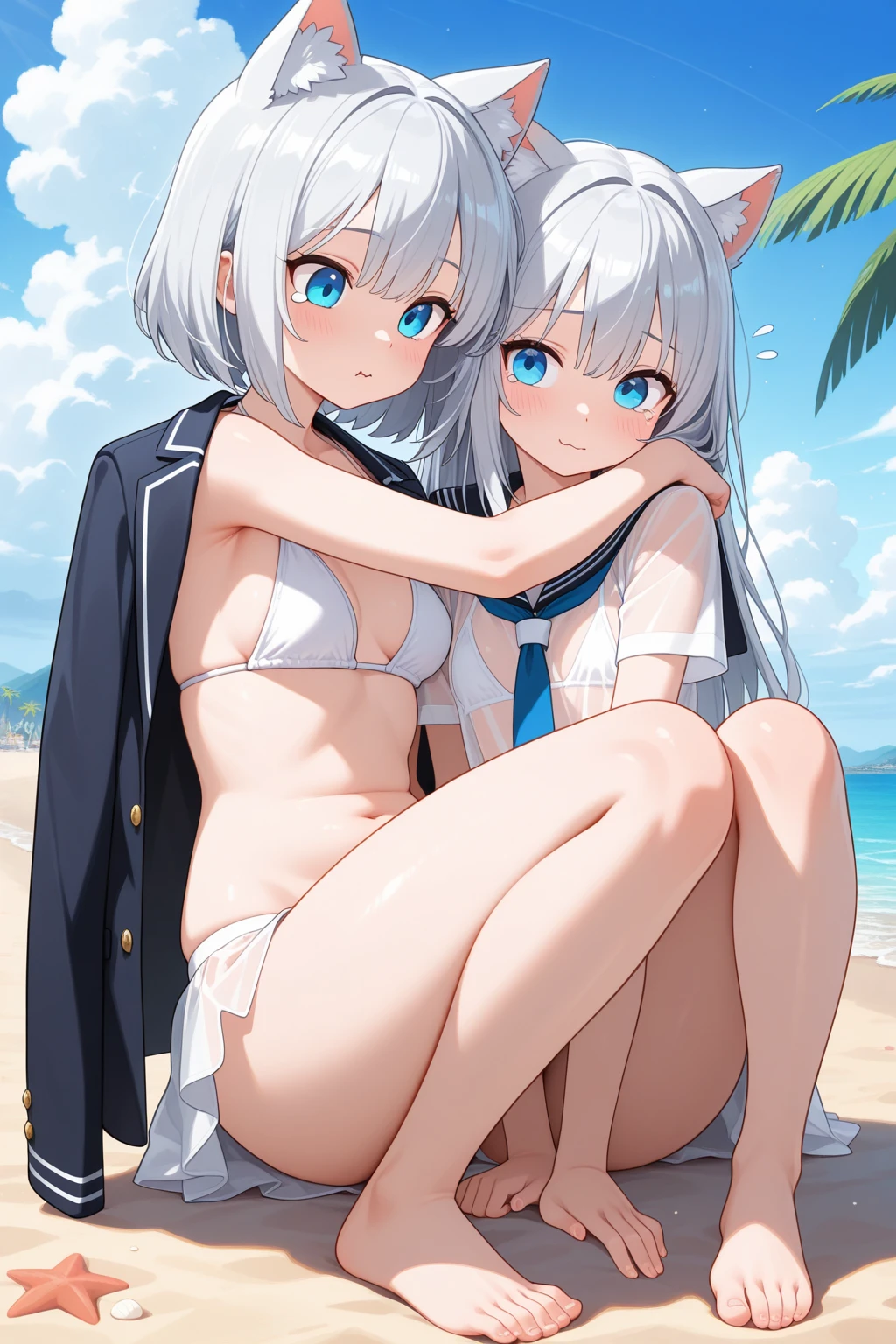 (supreme、top-quality、Final Resolution:2.0)、in 8K、((kawaii))、(((Bikini with white ruffles)))、Exposed skin a lot、(((Colossal tits)))、独奏、1人、beach side、((25-years old))、adult lady、flaxen hair、Long、A sexy、Ashamed、be shy、flaxen hair