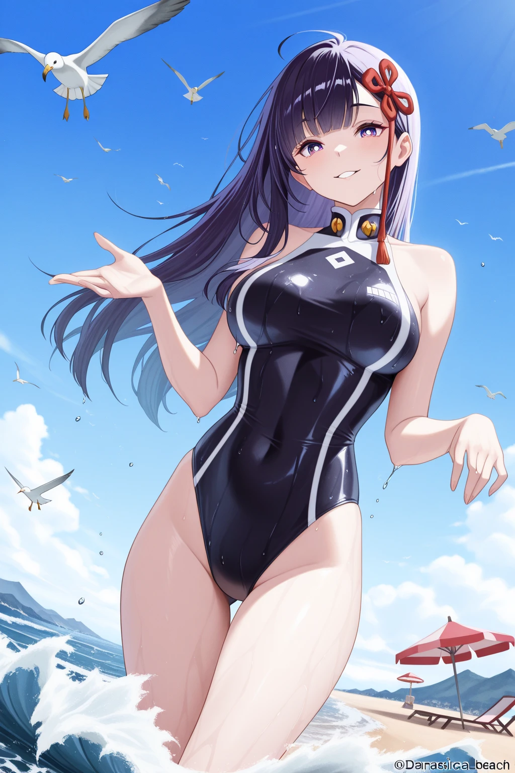 Kujou Sara| genshin impact, master-piece, bestquality, 1girls,25 years old, proportional body, proportional., Water set, Fabric swimwear, , ,bara, Beautiful sea, The sky is beautiful, View viewers from the front.,Sitting on the beach, Thigh strap, Head tilt, bored, 10, 10, HD, slight smile,