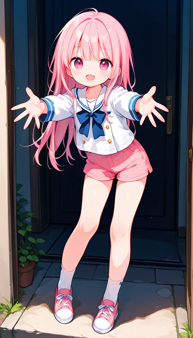 female high-school student,a sailor suit,A high resolution,ultra - detailed,The long-haired,cat ear,Pink hair,Milk fierce,bare-legged