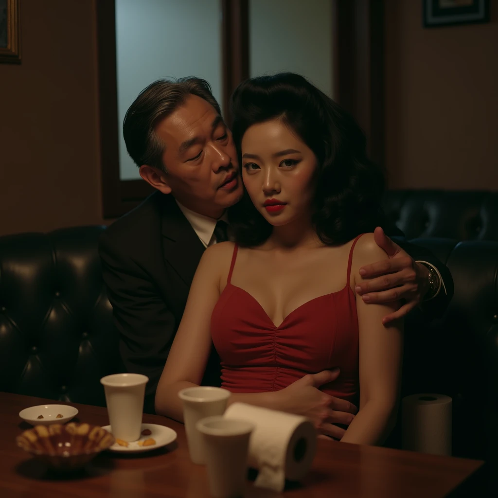 1952, Seoul, (((1 korean young girl and 1 old korean man facing each other))), {(1 korean young girl), Retro vintage, ,(big breasts, strikingly beautiful, delicate facial features, porcelain skin, expressive eyes, black hair, red lips), (hairstyle of the 1950s), ((awe and joy expression)), (((girl all nude))), glamorous pin-up girl wearing a sailors hat}, in the Cabaret in the 50s, korean young girl sitting on the chair, (((60 years old korean man wearing business suit))), (((60 years old korean man kiss korean young girl))), focus on old man,